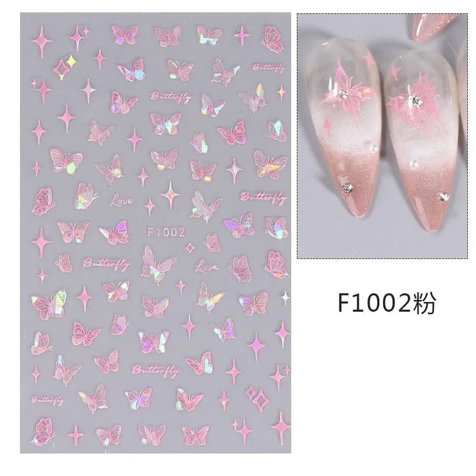 1PCS Black White Butterfly Laser Nail Stickers Y2K Nail Art Decoration Abstract Lines Bronzing Flowers Stickers For Nails
