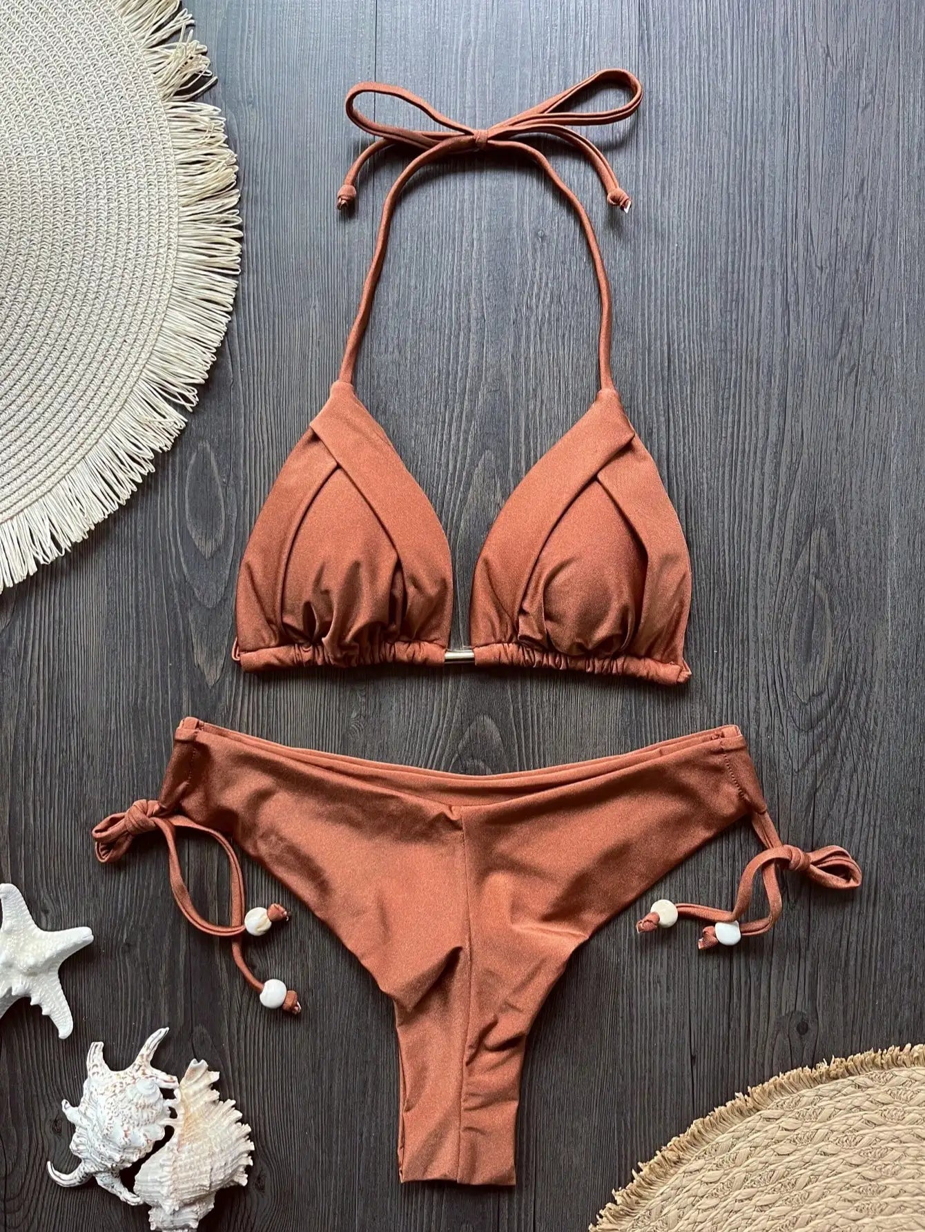 Solid color bikini set 2026 women's new swimsuit 2-piece set bead neck hanging bikinis summer beach Swimwear