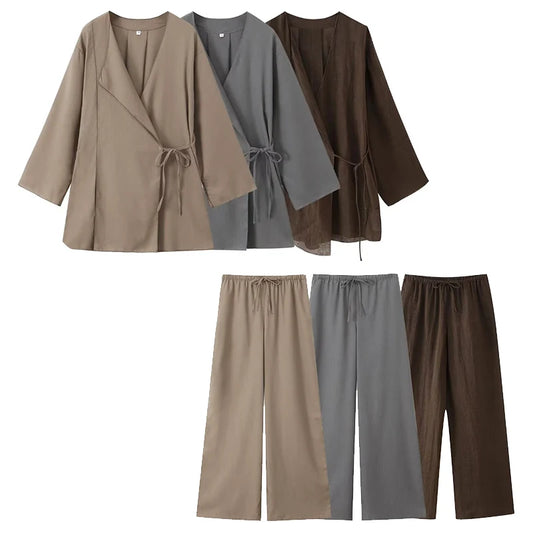 Willshela Women Fashion 2 Piece Set Solid Lace Up Shirts & Vintage Elastic Waist Trousers Feamle Chic Lady Pants Sets