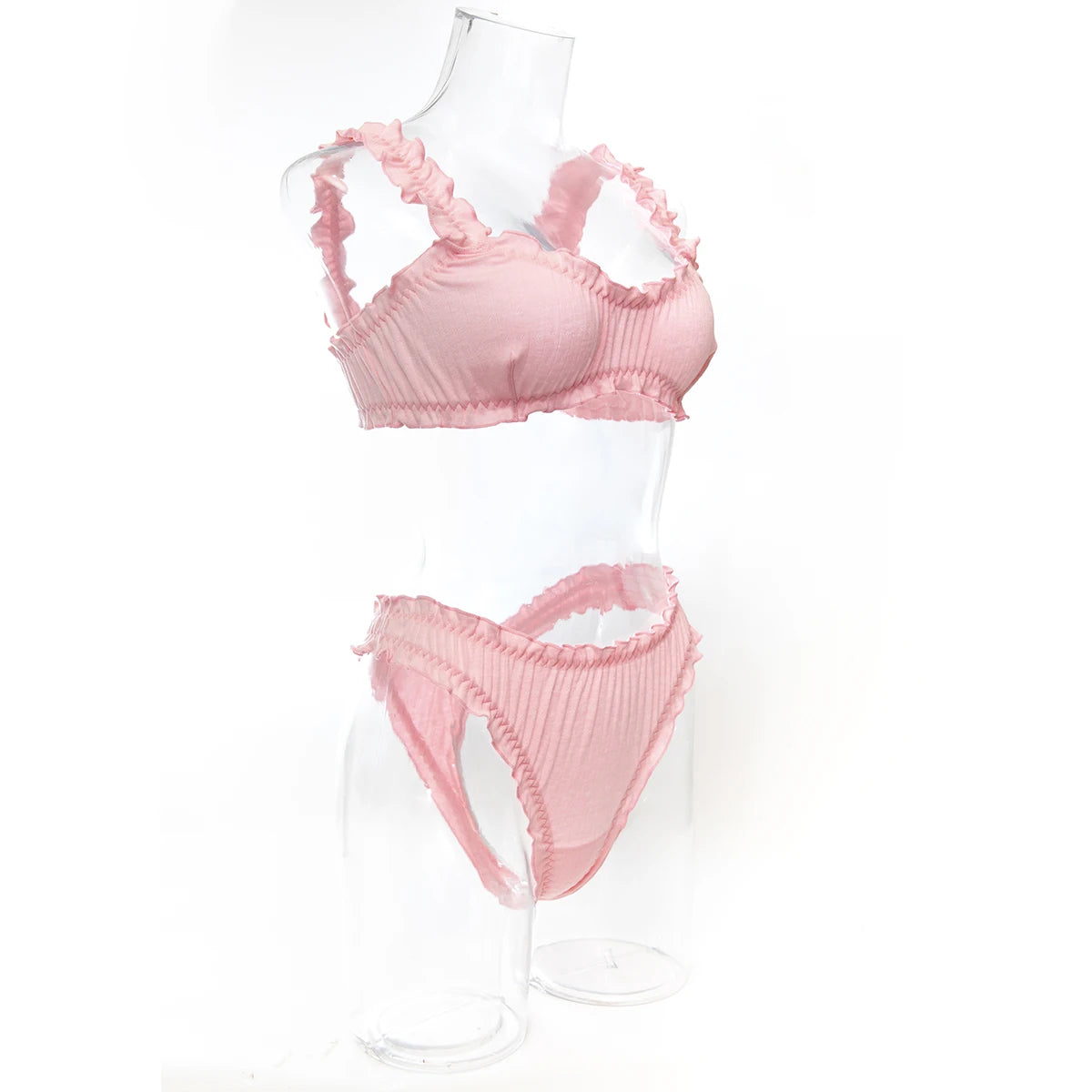 Sexy Women  Ruffle Edge Lingerie Set Breathable Hollow Eyelet Texture Bralette & High‑Cut Thong Soft Cotton Daily Intimate Wear