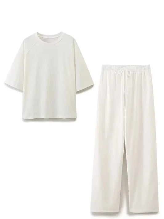 HH Summer Women Casual T Shirt Pant Sets Elegant Pink O Neck Short Sleeve T-Shirt + Drawstring Loose Trousers Spring Suit