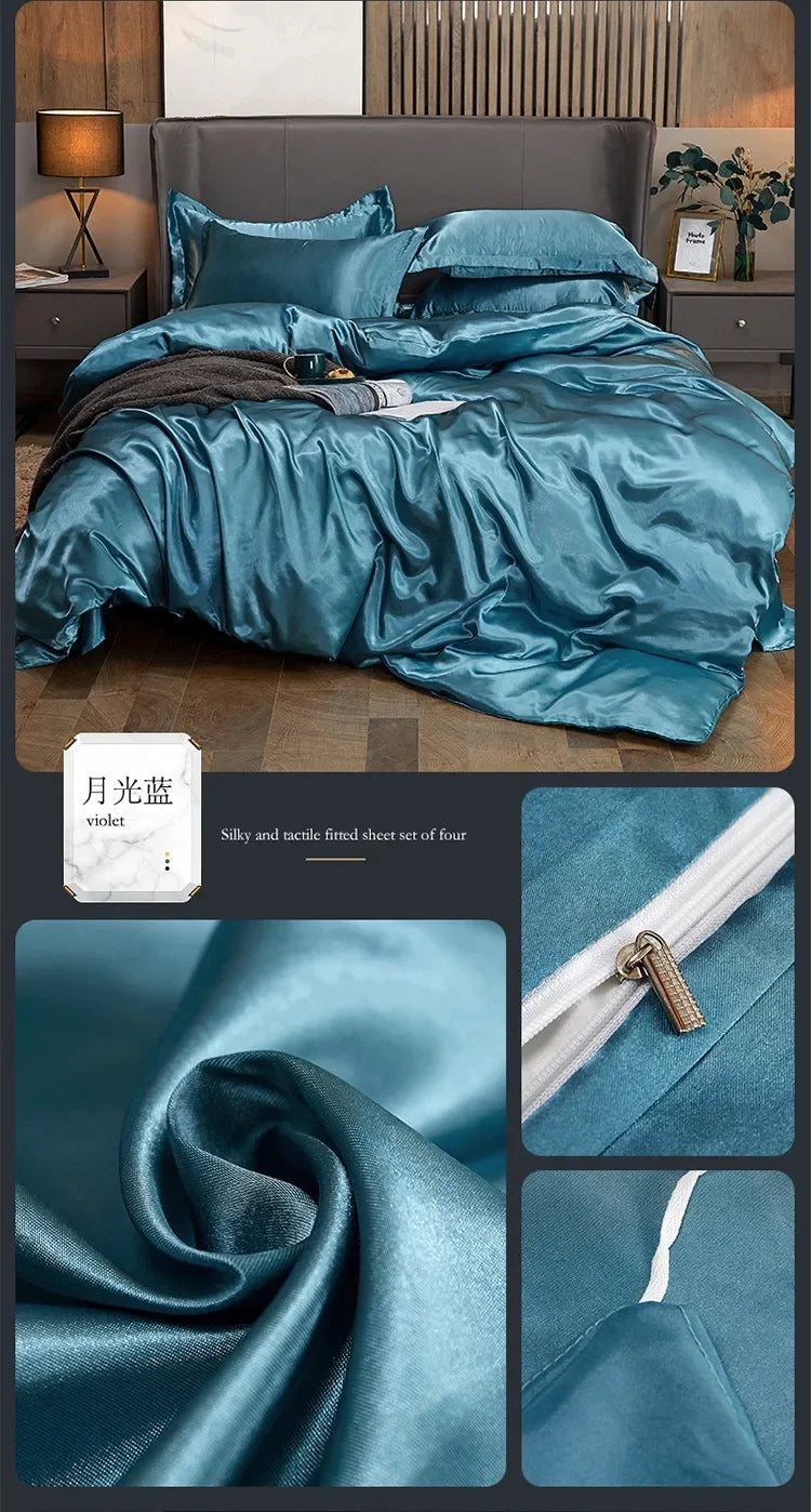 Solid Color Silk-like Bedding European and American Bed Sheet Quilt Cover Pillowcase