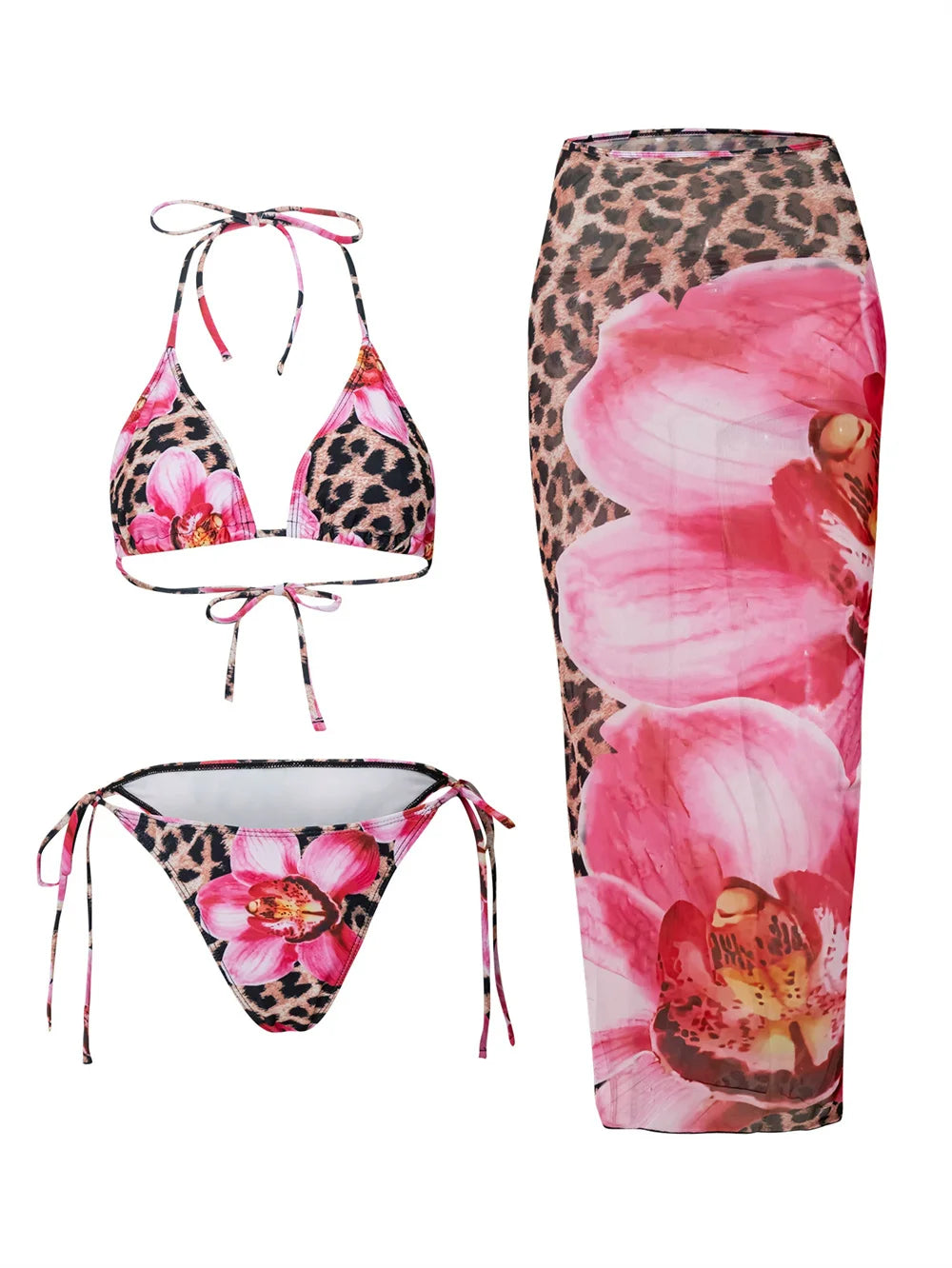 2026 New Flower Print Bikini Set Women's High Waist Long Skirt 3 Piece Swimsuit Sexy Mini Triangle Backless Thong Bathing Suit