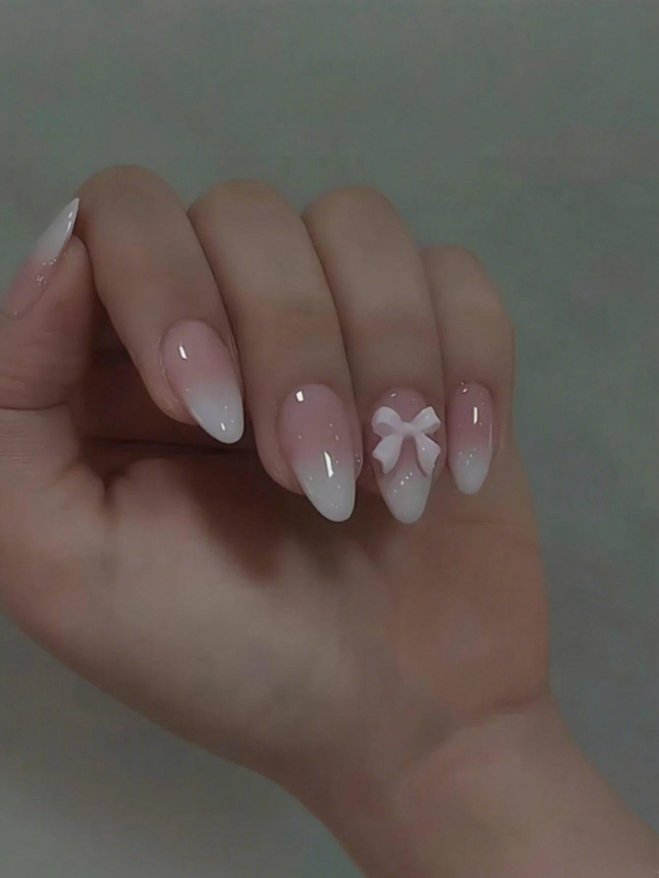 24PCS Almond Press on Nails Medium Fake Nails with Pink Bow Designs Glue on Nails Glossy Acrylic False Nails As Women Girls Fift