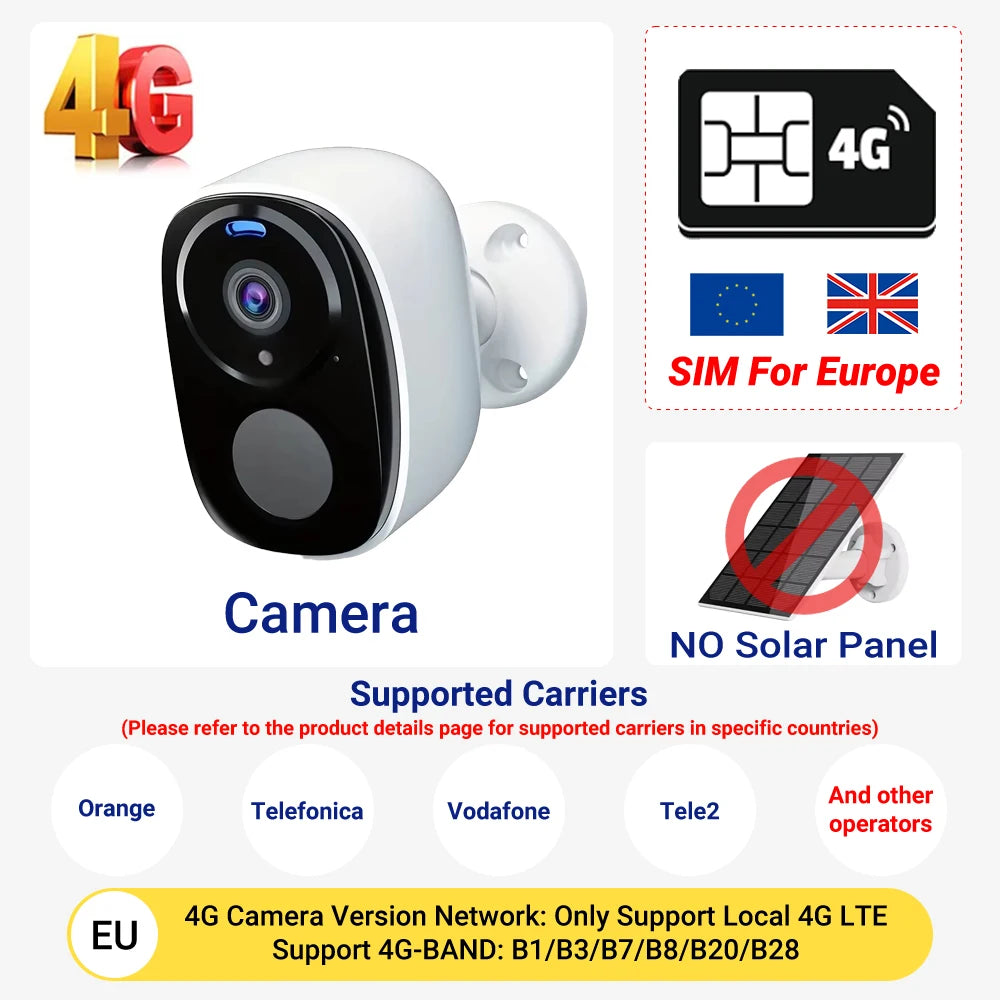 4G Security Cameras Wireless Outdoor 2K Rechargeable Battery Camera Home Surveillance No WiFi Needed PIR IP65 Work With O-kam Pr