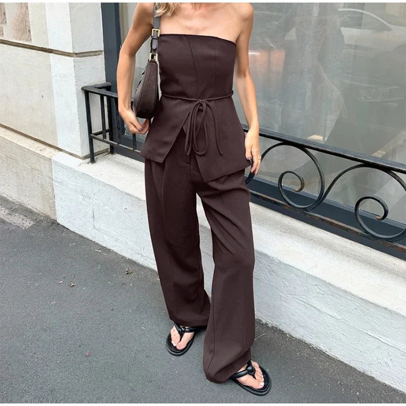 Women Pant Sets Sexy Backless Straps Sleeveless Lace Up Vest Loose Wide Leg Pants Suit Female Summer Fashion Lady Outfits