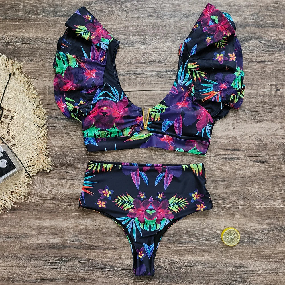 2026 Sexy Bikini Set Women High Waist Classic Off Solid Ruffle Sleeves Swimwear Red Separate Deep V Swimsuit Vintage Beach Set