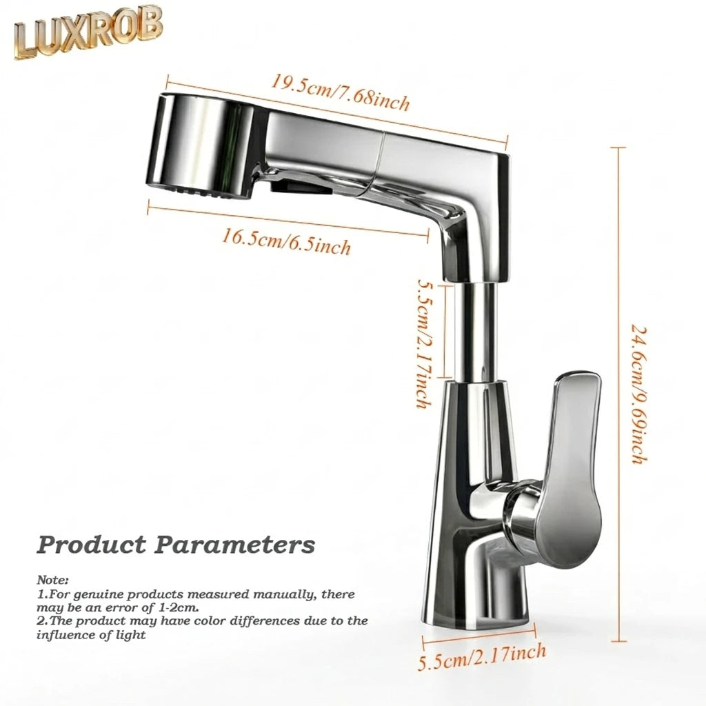 2026 New Rotary Pull-out Bathroom Sink Faucet Hot & Cold Water 3 Modes Water Outlet Stylish Modern Design Basin Mixer Tap