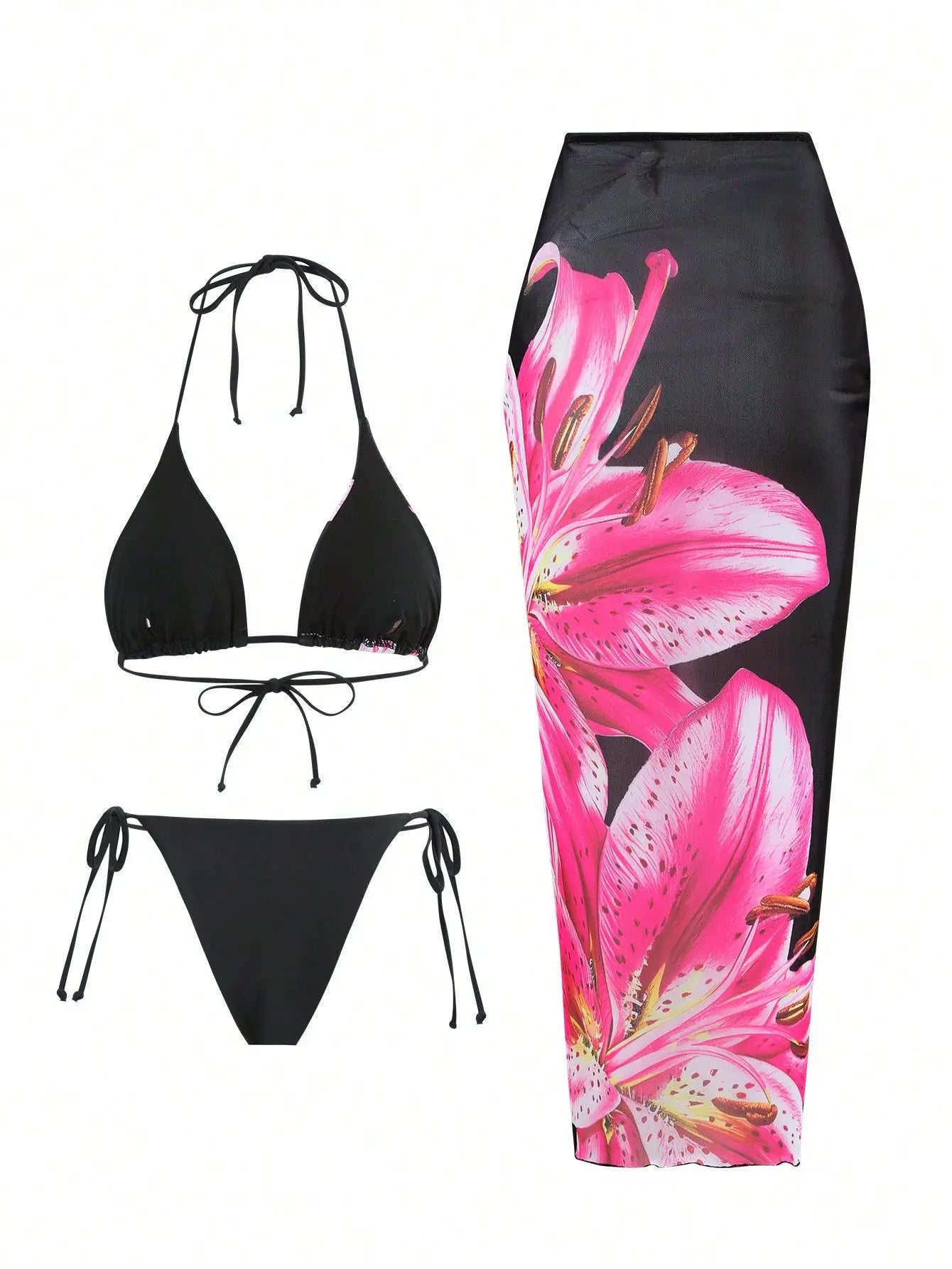 2026 New Flower Print Bikini Set Women's High Waist Long Skirt 3 Piece Swimsuit Sexy Mini Triangle Backless Thong Bathing Suit