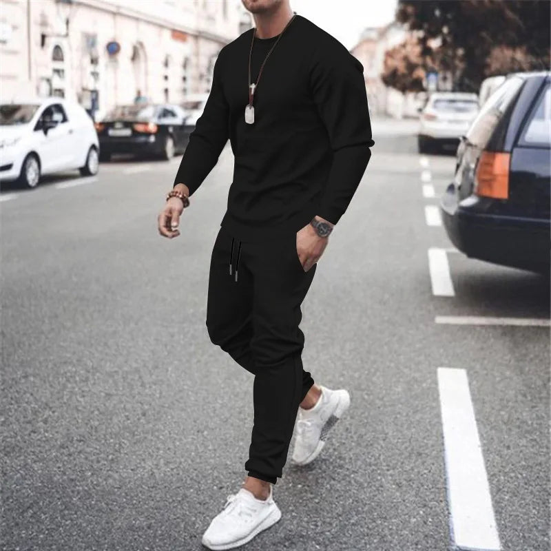 Men's Two-Piece Set O-Neck 2 Pieces Sets Tracksuit Hooded Sweatshirt +Drawstring Pants Male Sport Hoodies Running Sportswear