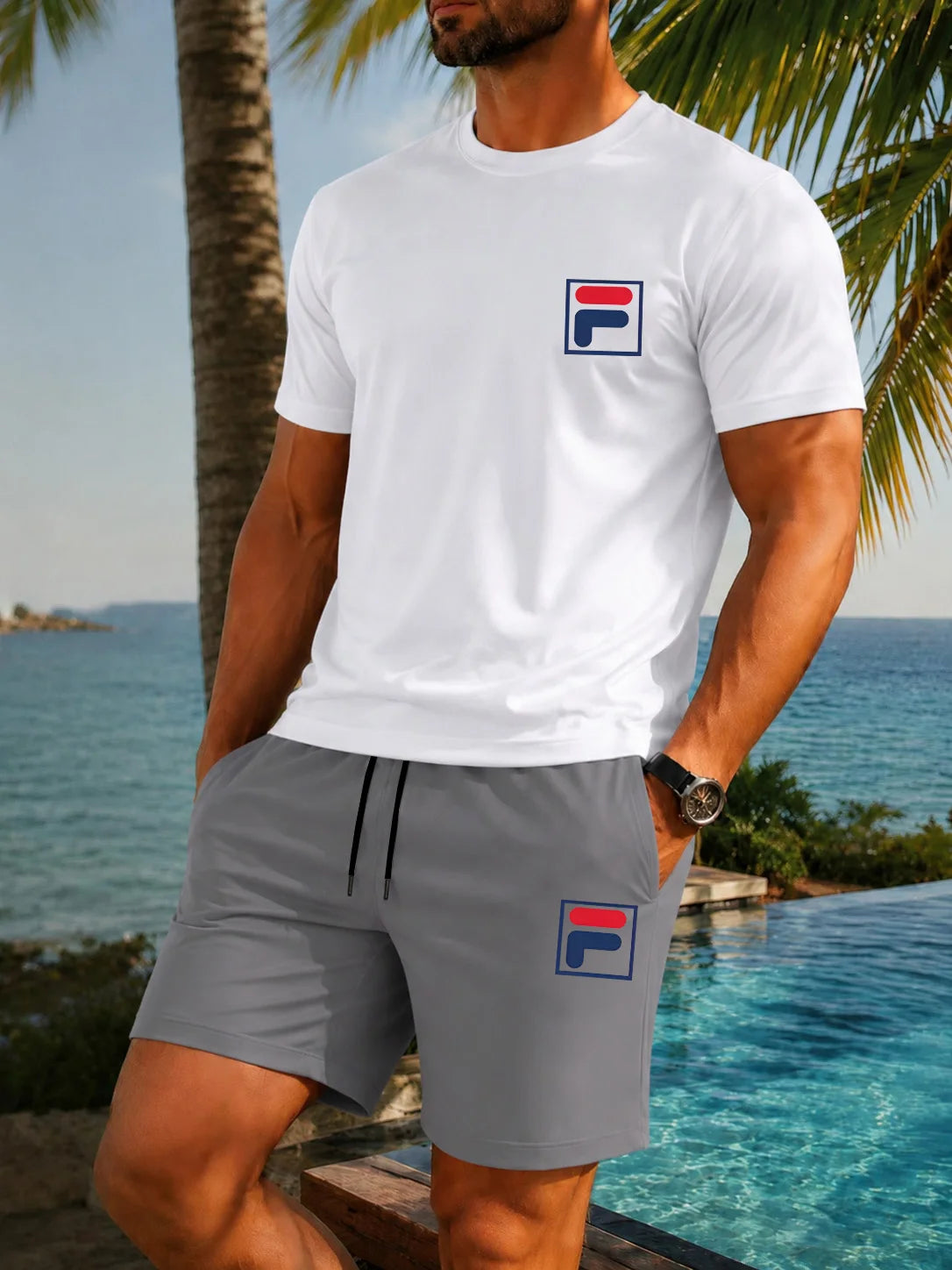 Men's Printed Two-piece Set, Casual Short Sleeved T-shirt and Drawstring Shorts Set, Men's Summer Breathable Street Sportswear