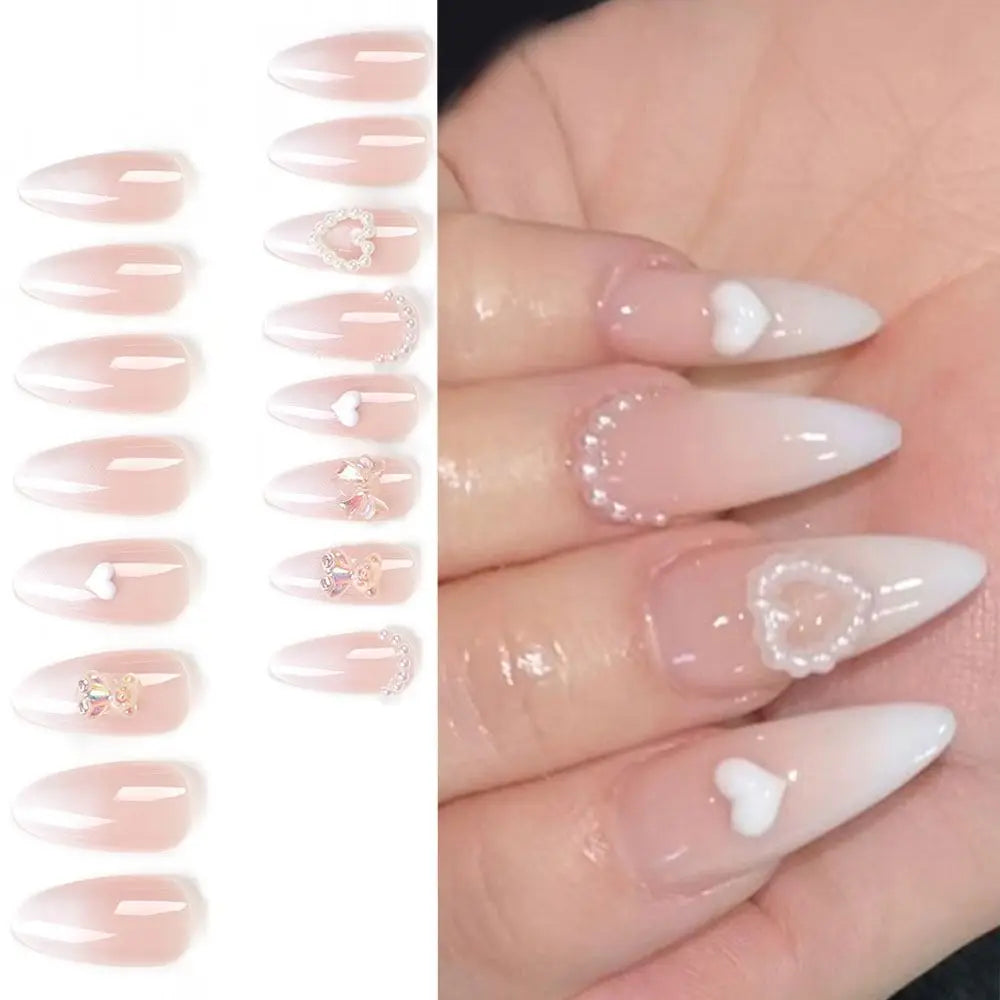 24pcs Long Almond False Nails French Pearl Love Heart Bow Press on Nails Fake Nails DIY Manicure Detachable Nail Tips